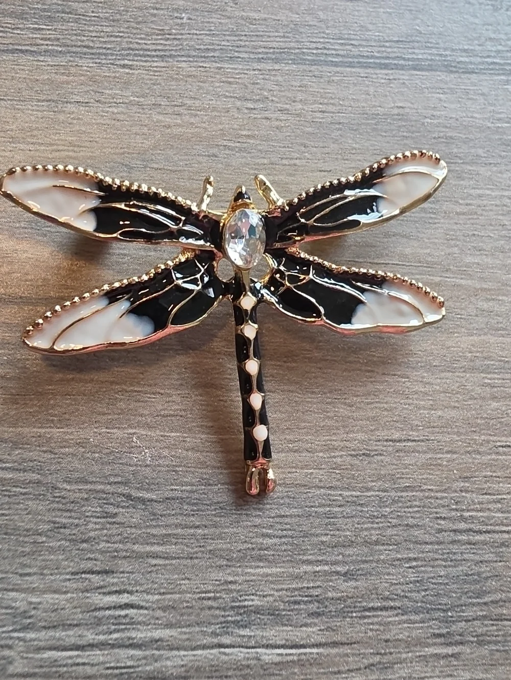 Elegant Dragonfly Brooch - Black and White Enamel with Crystal Accent